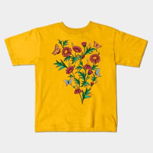 Bright bouquet of pink daisy flowers and colorful butterflies Kids T-Shirt